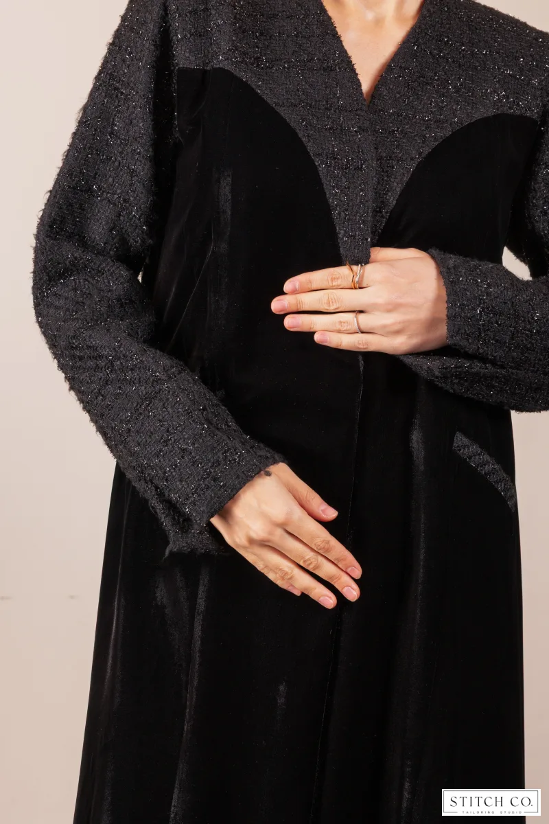 BLACK VELVET ABAYA WITH  TWEED DESIGN 