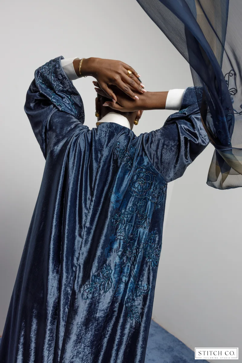 BLUE VELVET EMBROIDRED  ABAYA 