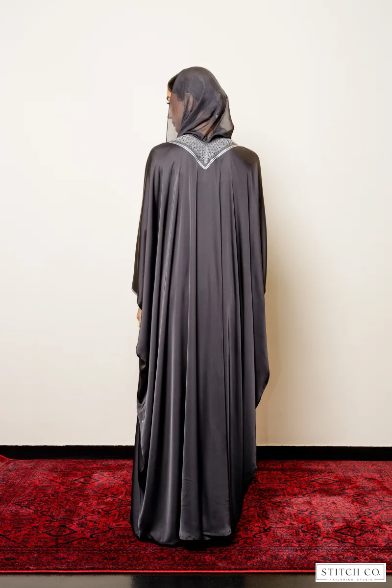 GREY SATIN ABAYA WITH GREY LACE