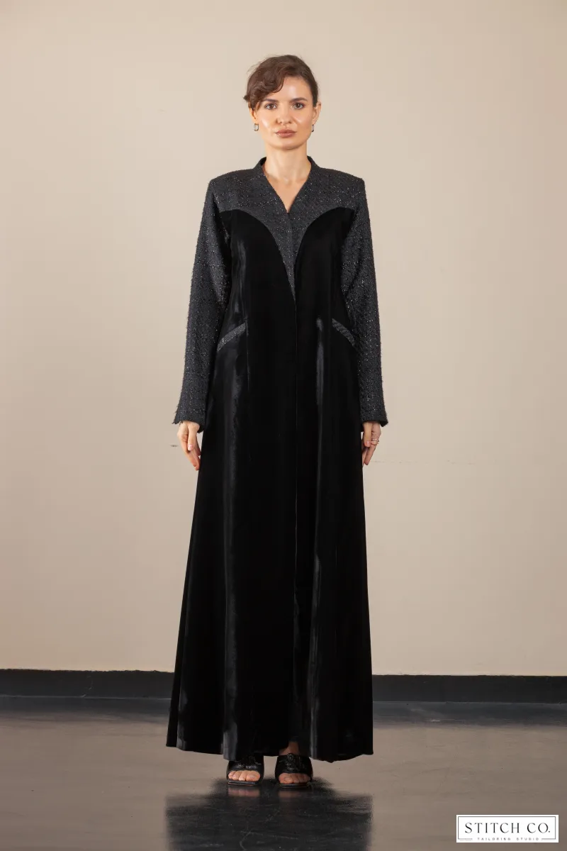 BLACK VELVET ABAYA WITH  TWEED DESIGN 