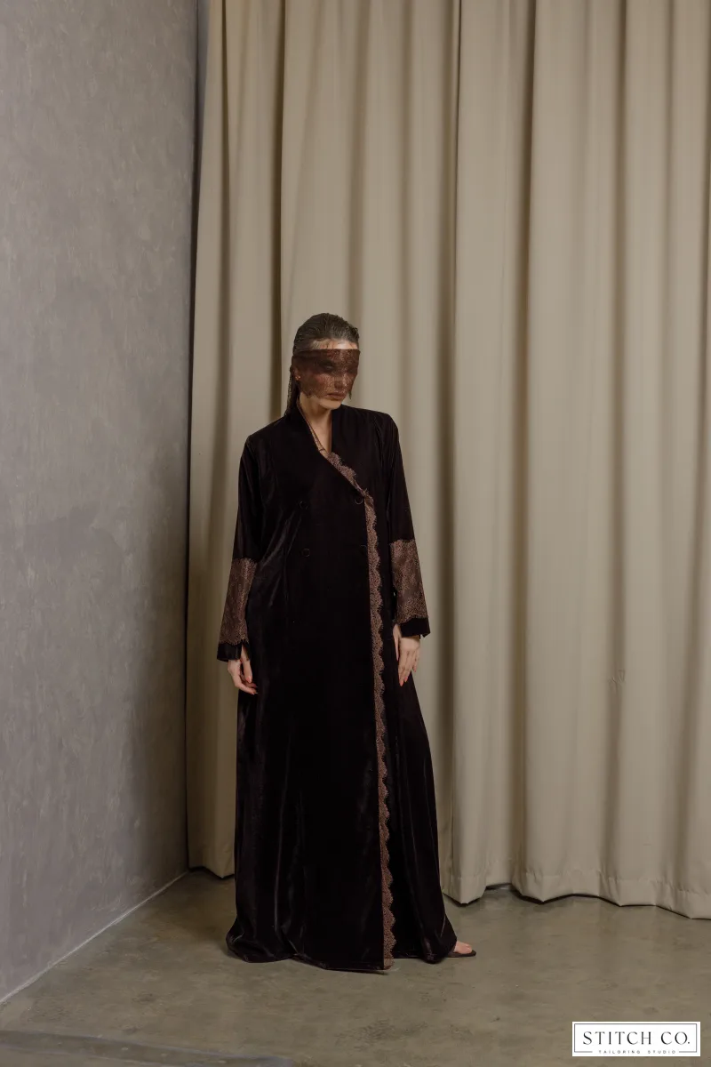 BROWN VELVET  ABAYA WITH LACE 