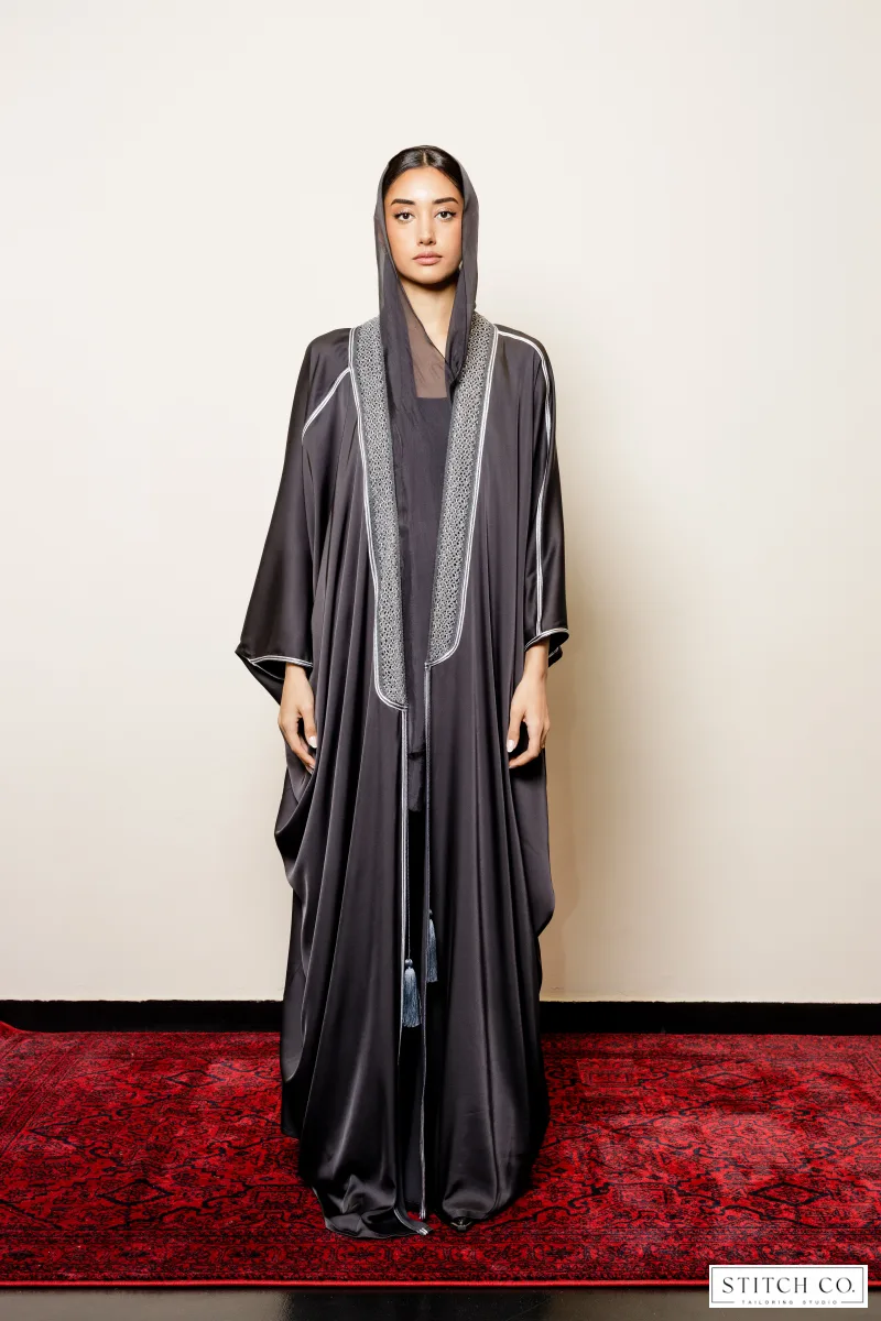 GREY SATIN ABAYA WITH GREY LACE