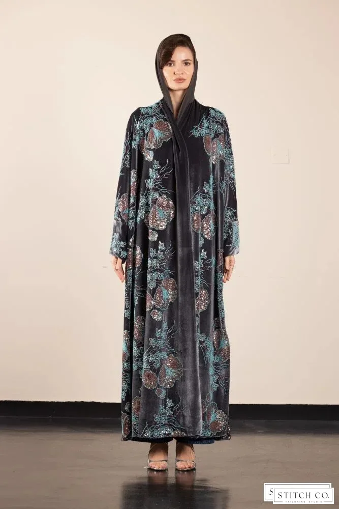 BLUE VELVET ABAYA WITH LACE DESIGN