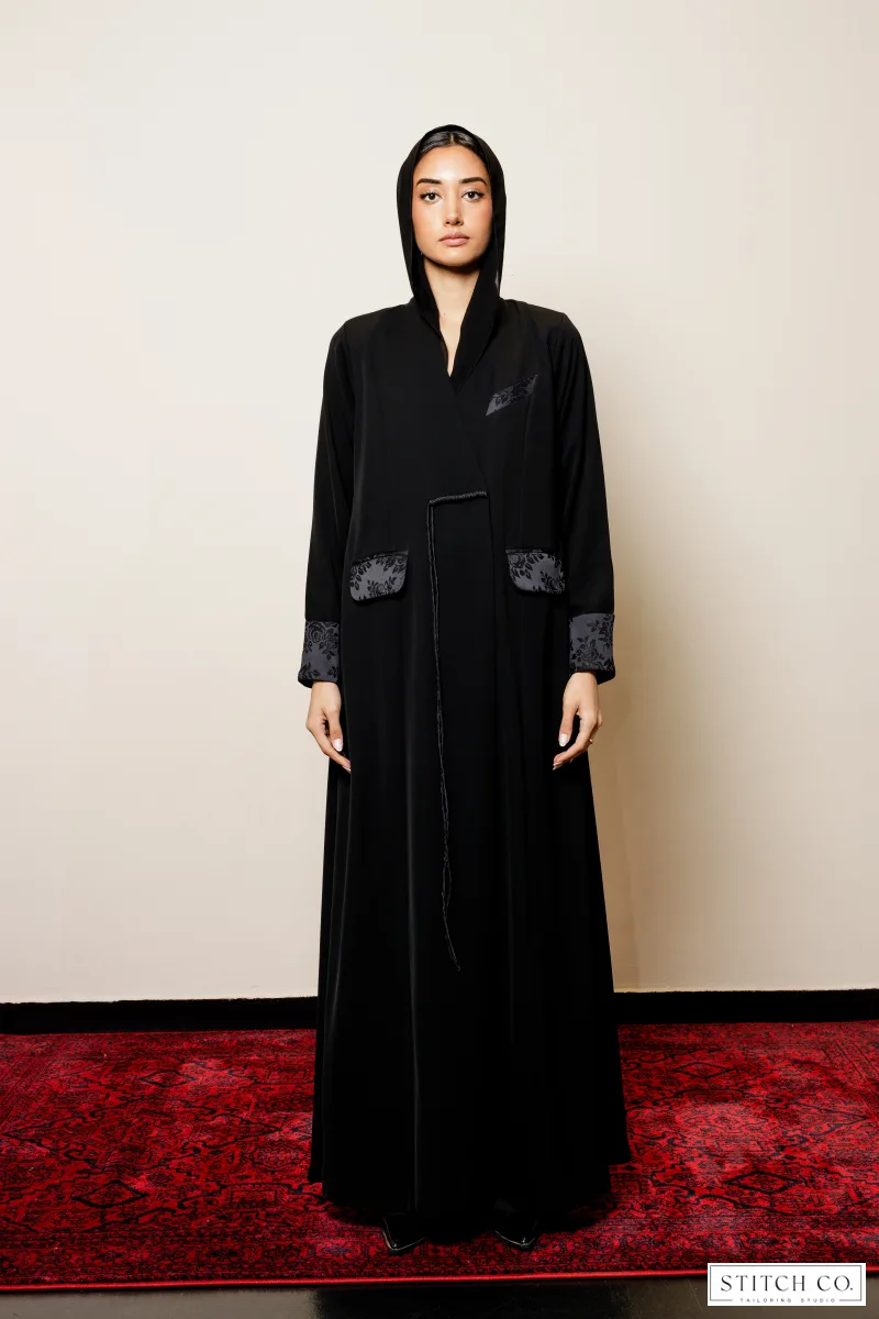 Viscose crepe wrap-cut abaya with Jacquard details